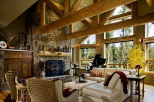 custom log truss in living room